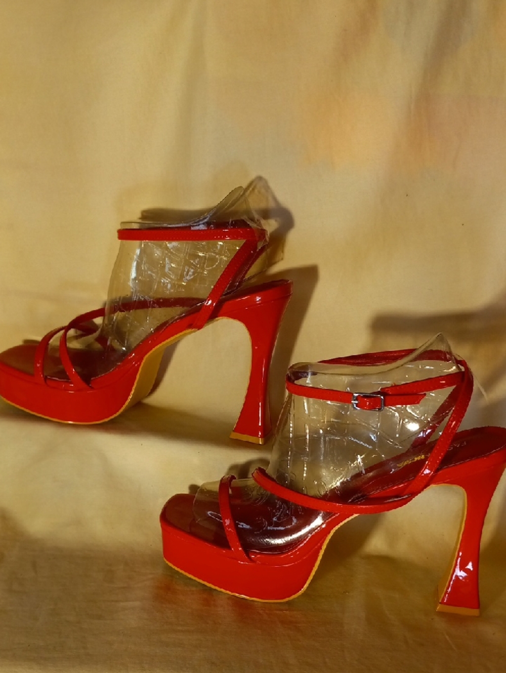 Fashion Nova Red Patent Platform Heels with Clear Straps